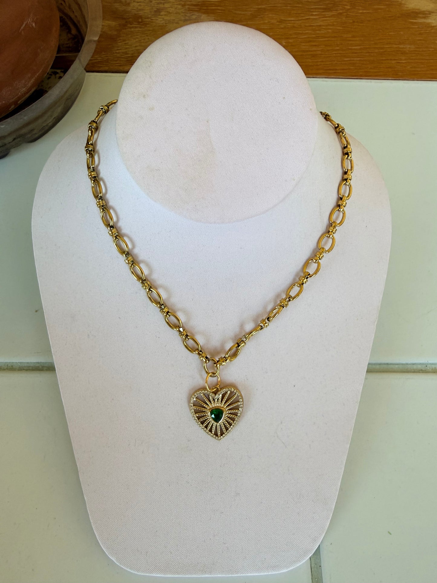 Emerald Centered Heart Charm Necklace