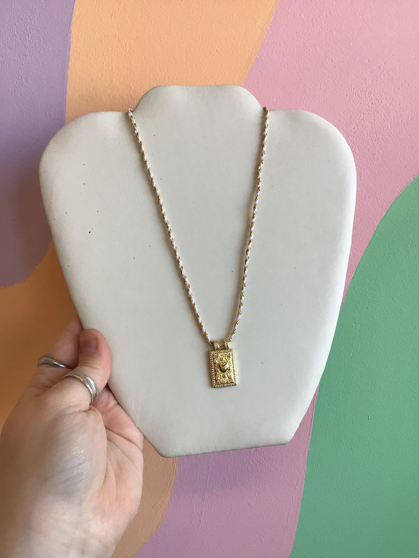 Colorful Woven Necklace With Titanium Pendant