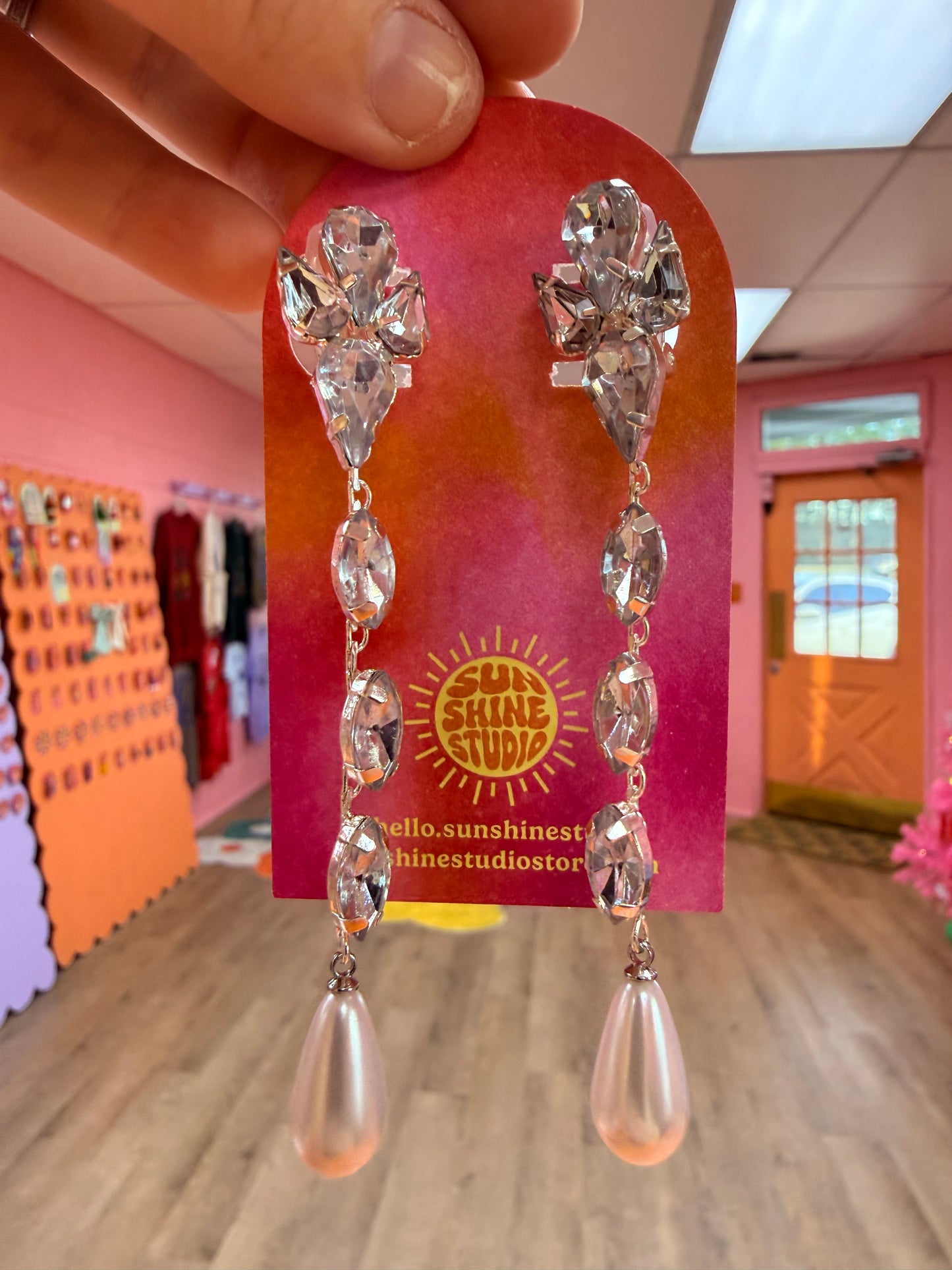 Cascading Gem and Pearl Clip-On Earrings
