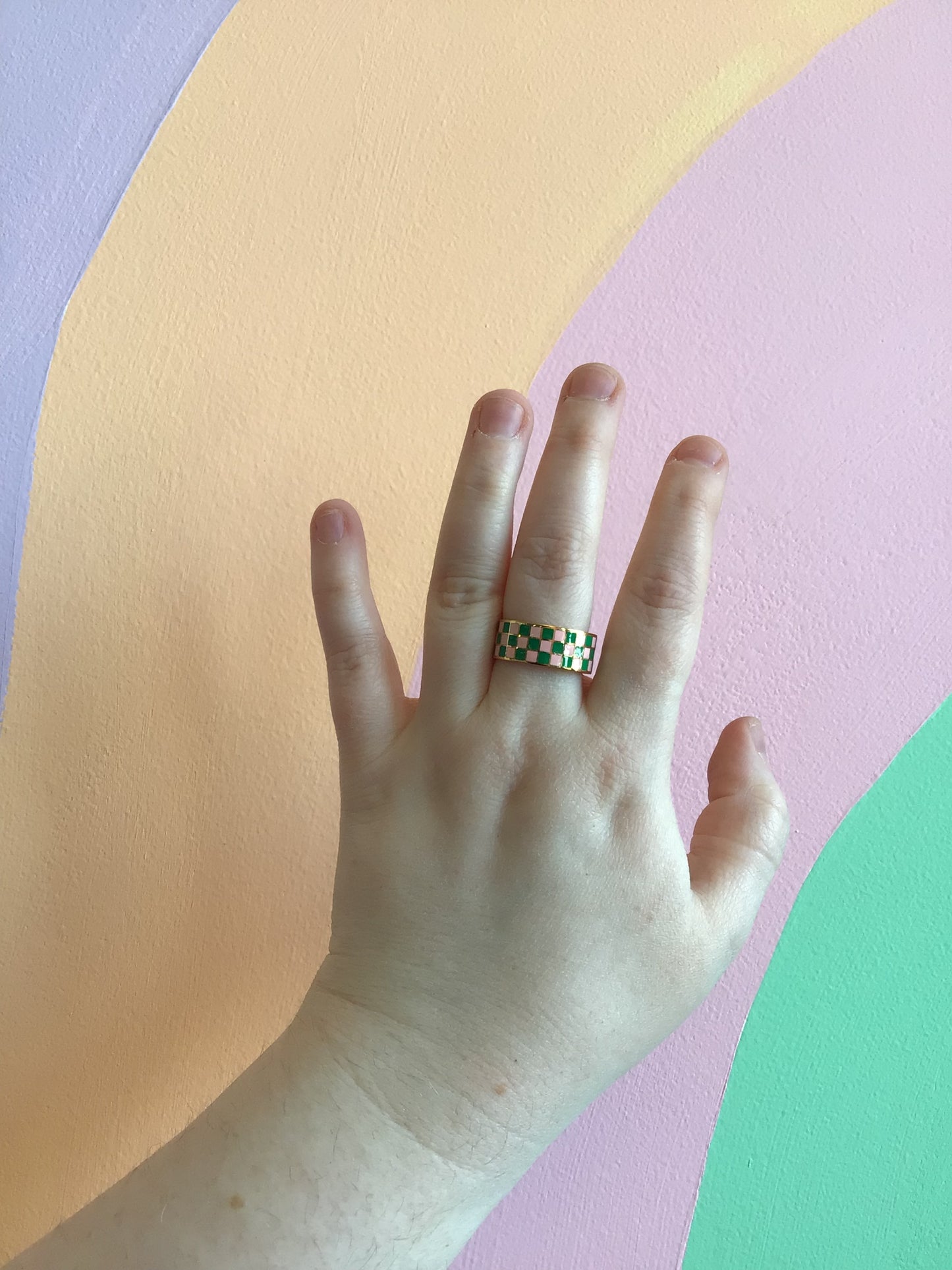 Pink and Green Checkered Enameled Ring