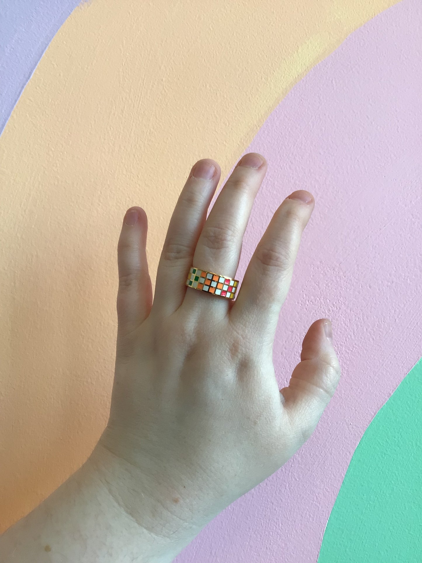 Rainbow Checkered Enamel Ring