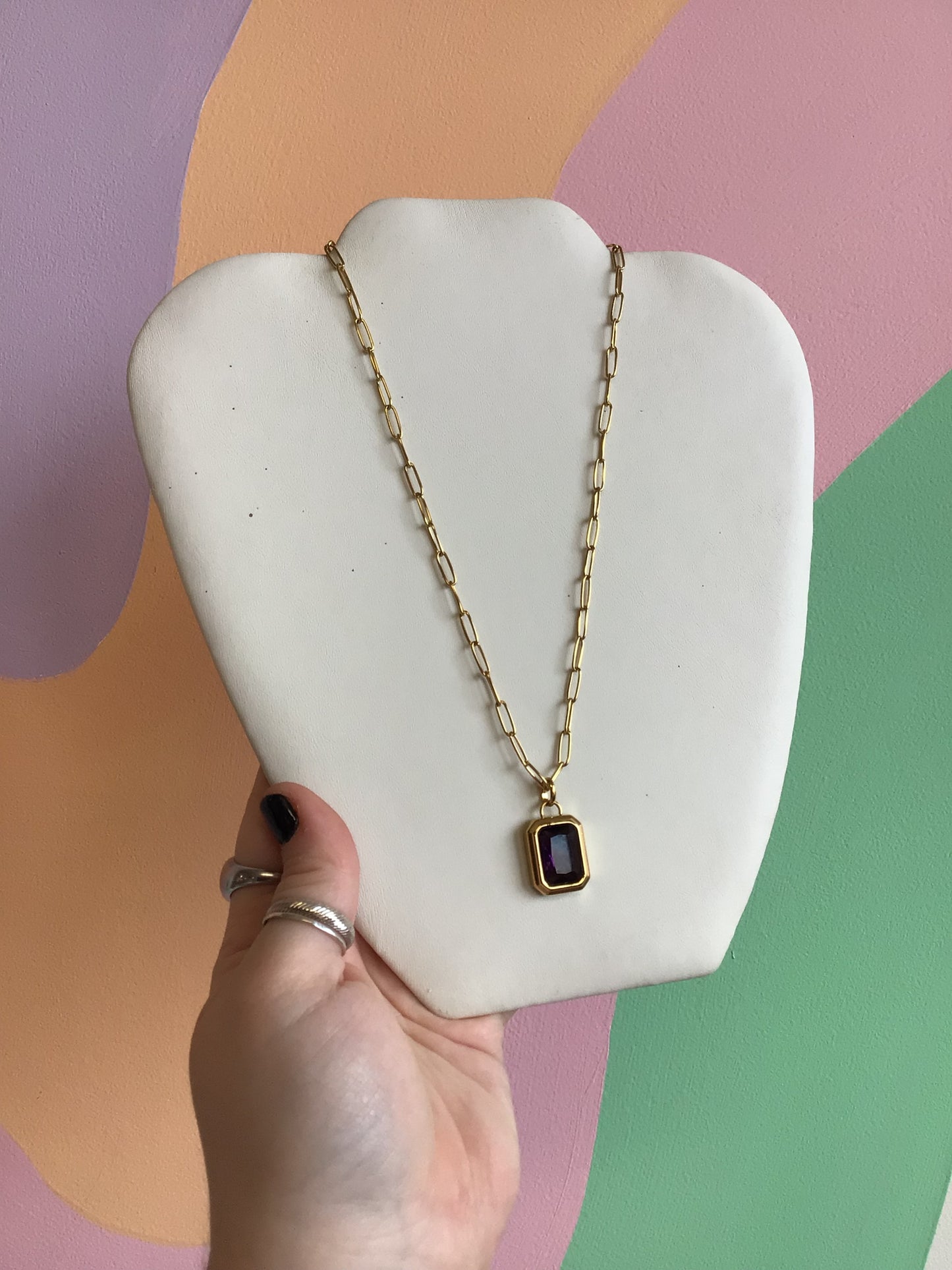 Emerald Cut Gem Charm Necklace