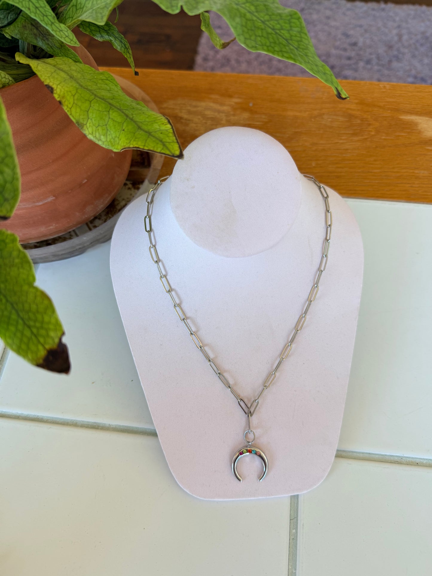 Rainbow Gem Crescent Charm Necklace