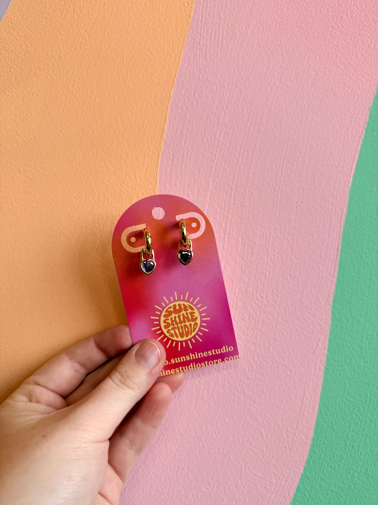 Dangle Colored Gem Heart Hoops