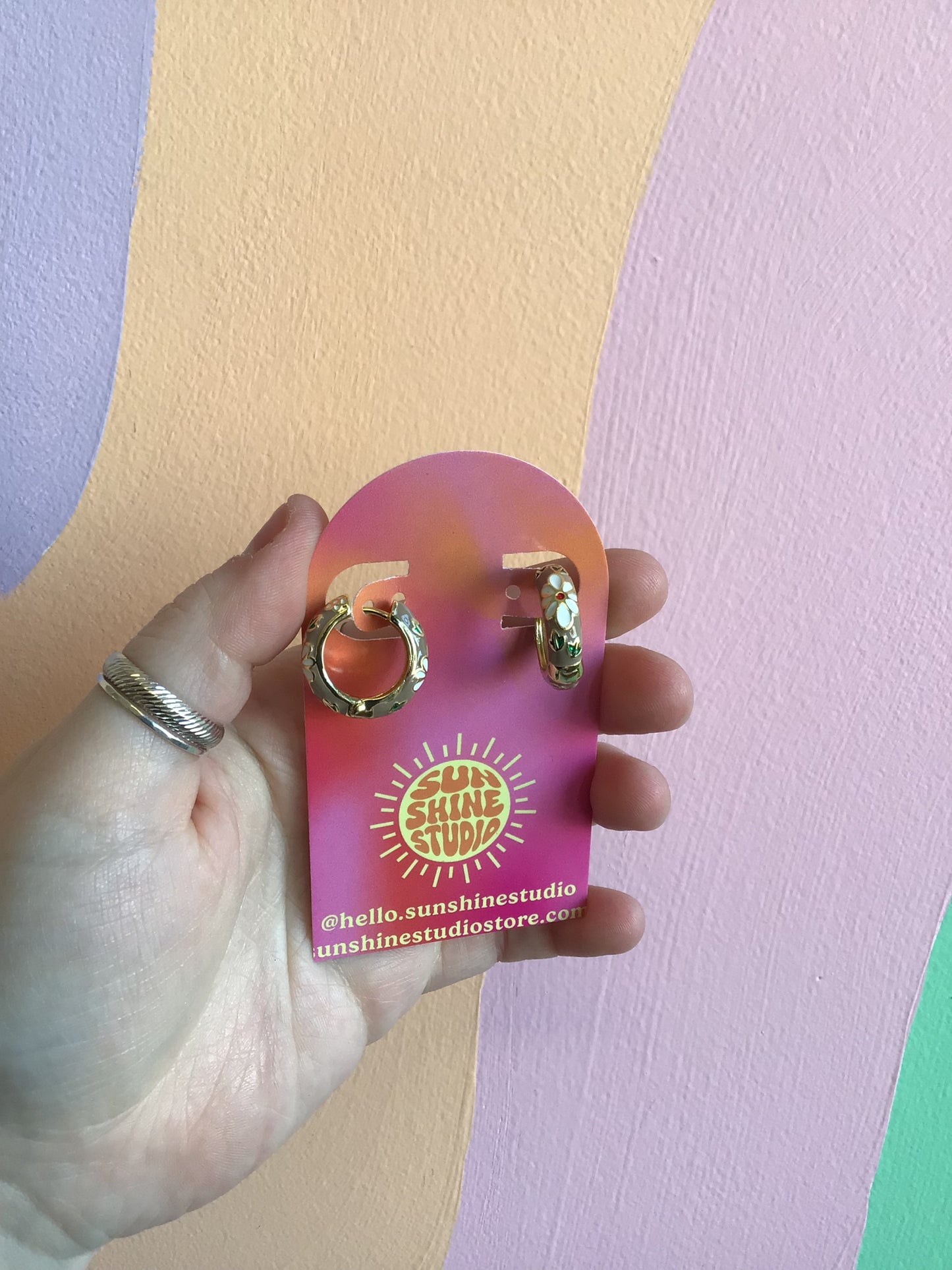 Taupe Enameled Flower Hoops