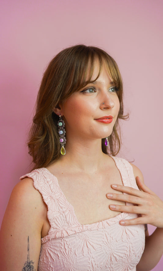 Pastel Rainbow Glitter Flower Dangle Earring