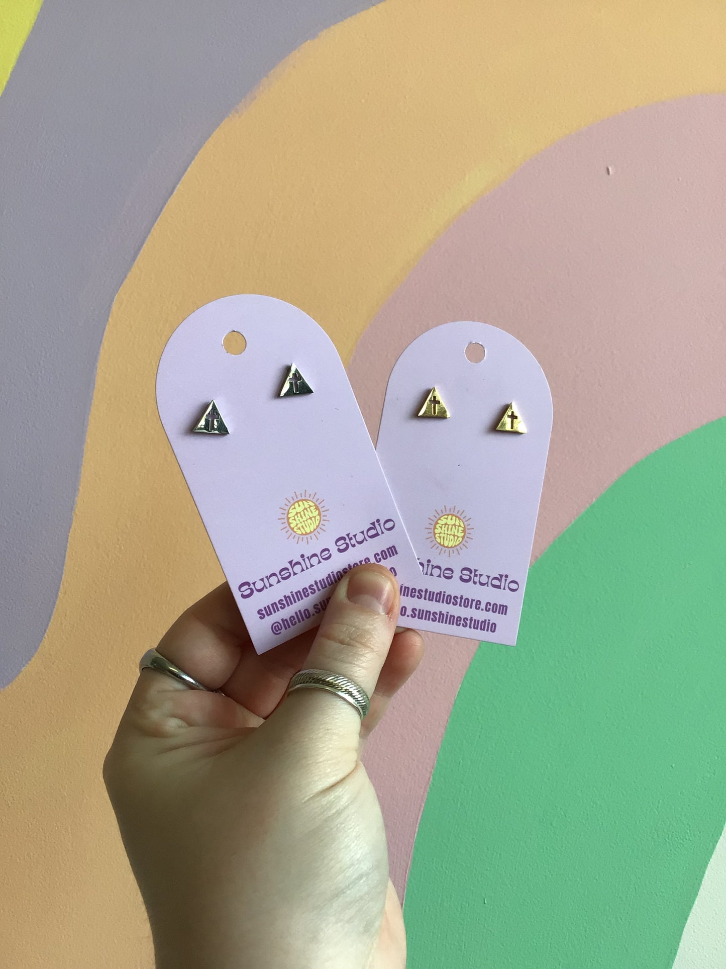 Tiny Cross in Triangle Earrings