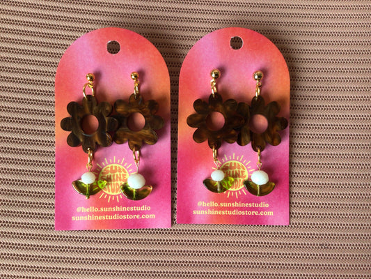Brown Marble Floral Earrings