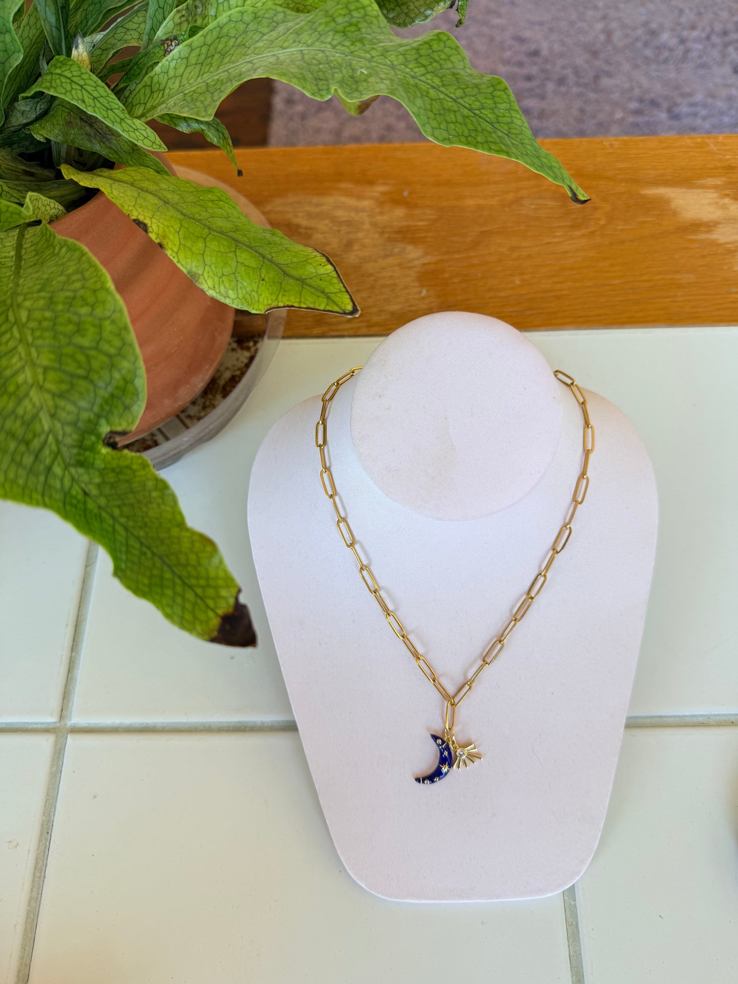 Moon and Gem Charm Necklace