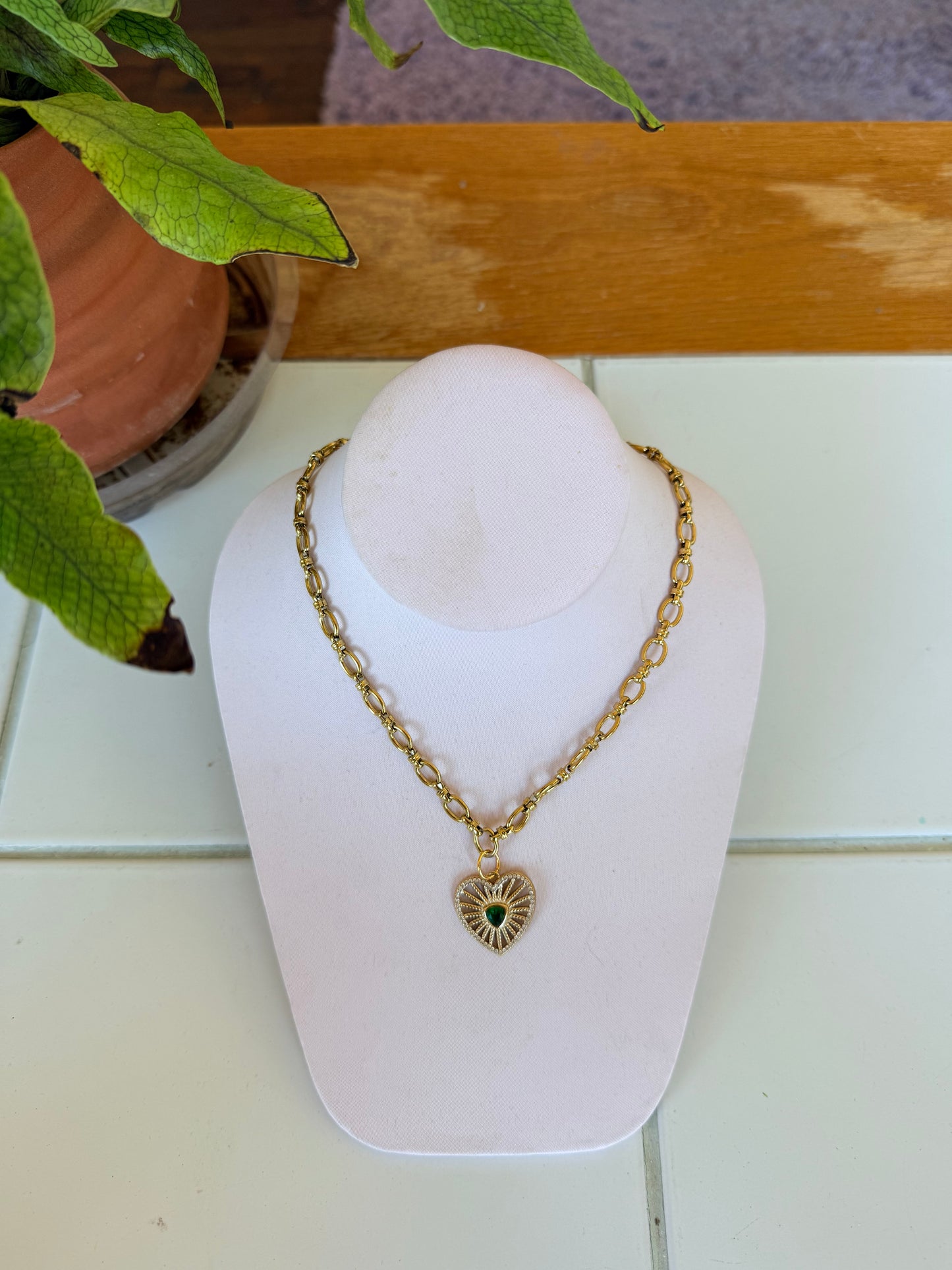 Emerald Centered Heart Charm Necklace