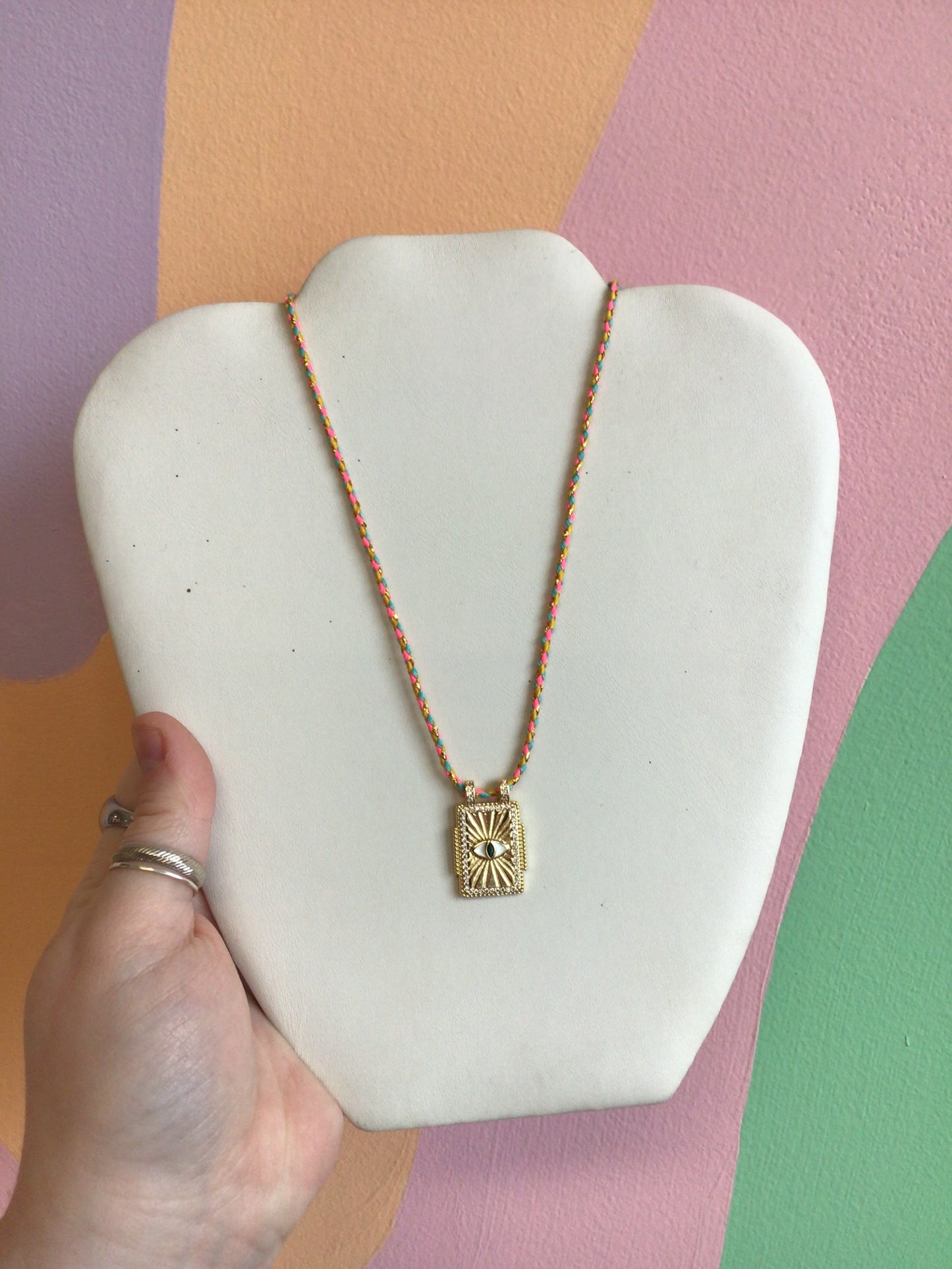 Colorful Woven Necklace With Titanium Pendant