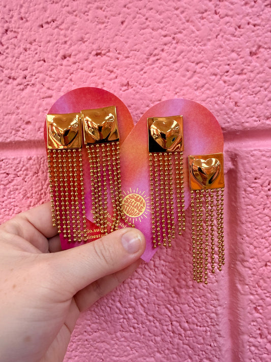 3D Heart in Square Tassel Earrings