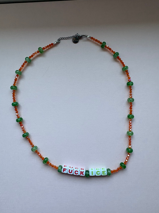 FUCK ICE orange and green patterned necklace