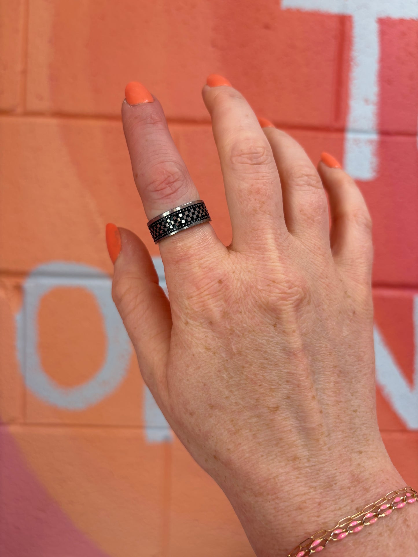 Checkered Black Enamel Titanium Ring