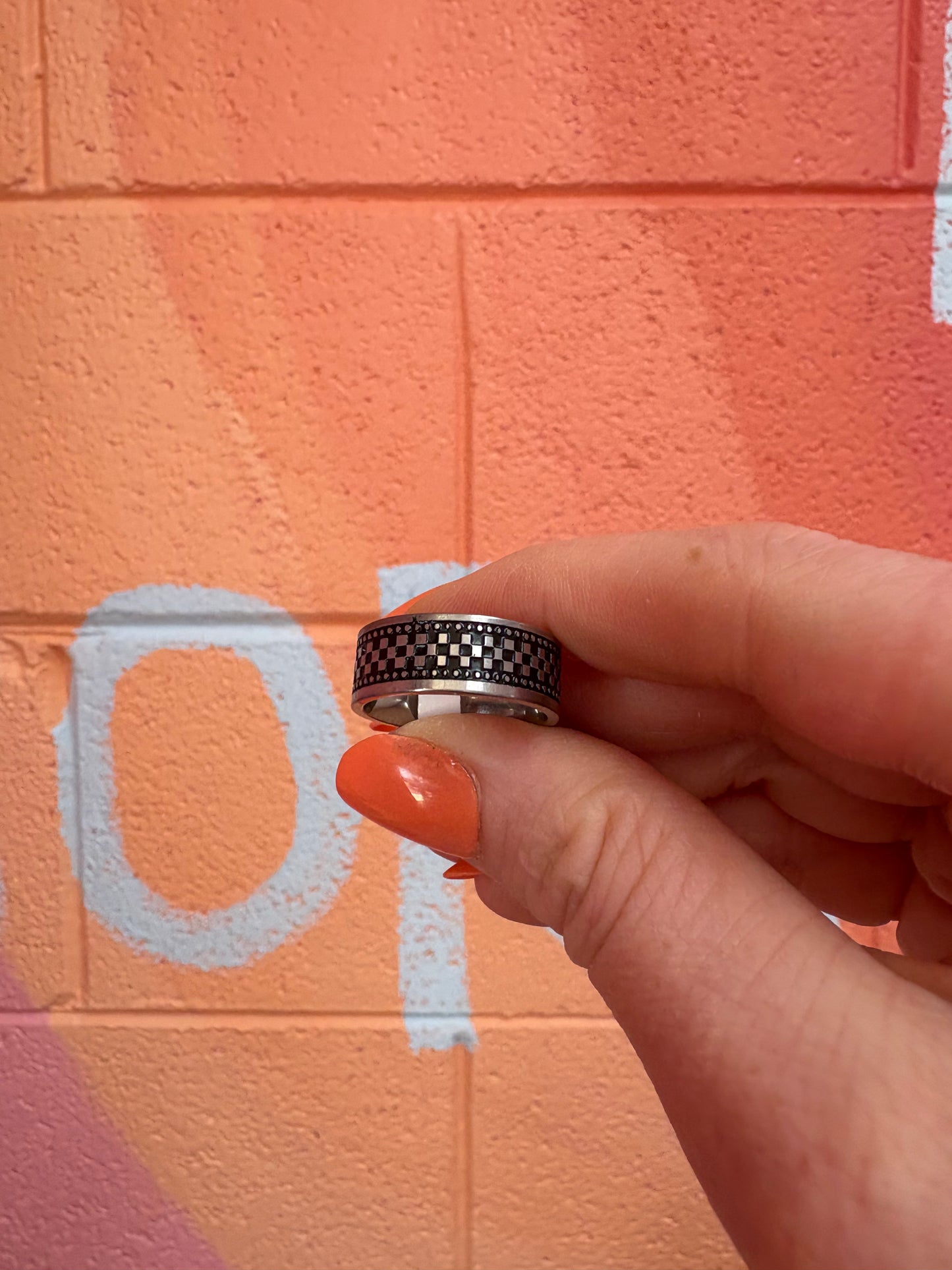 Checkered Black Enamel Titanium Ring