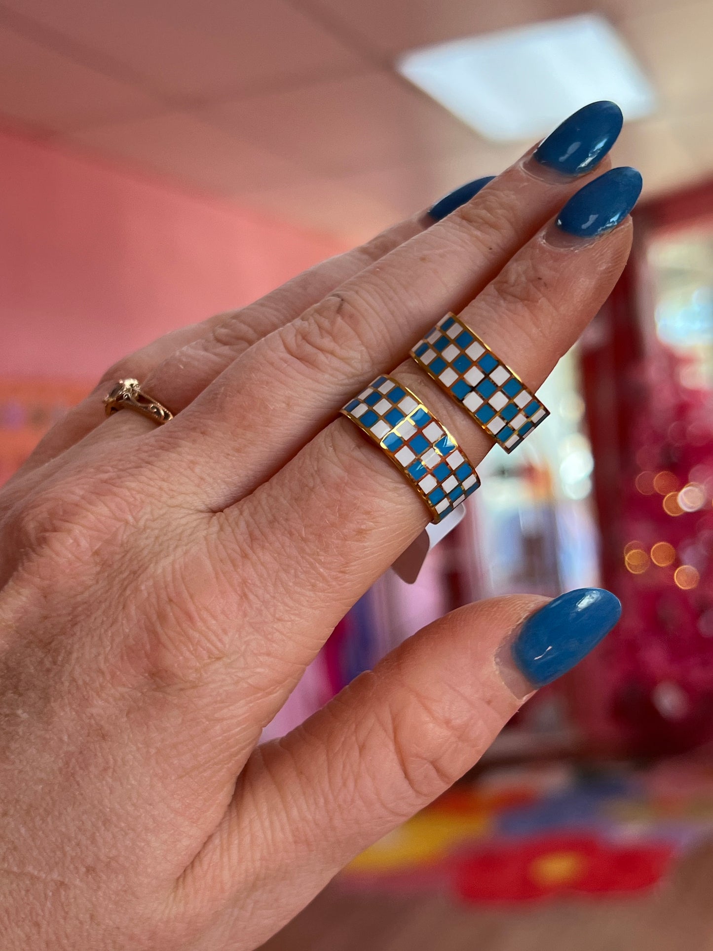 Blue & White Checkered Titanium Ring