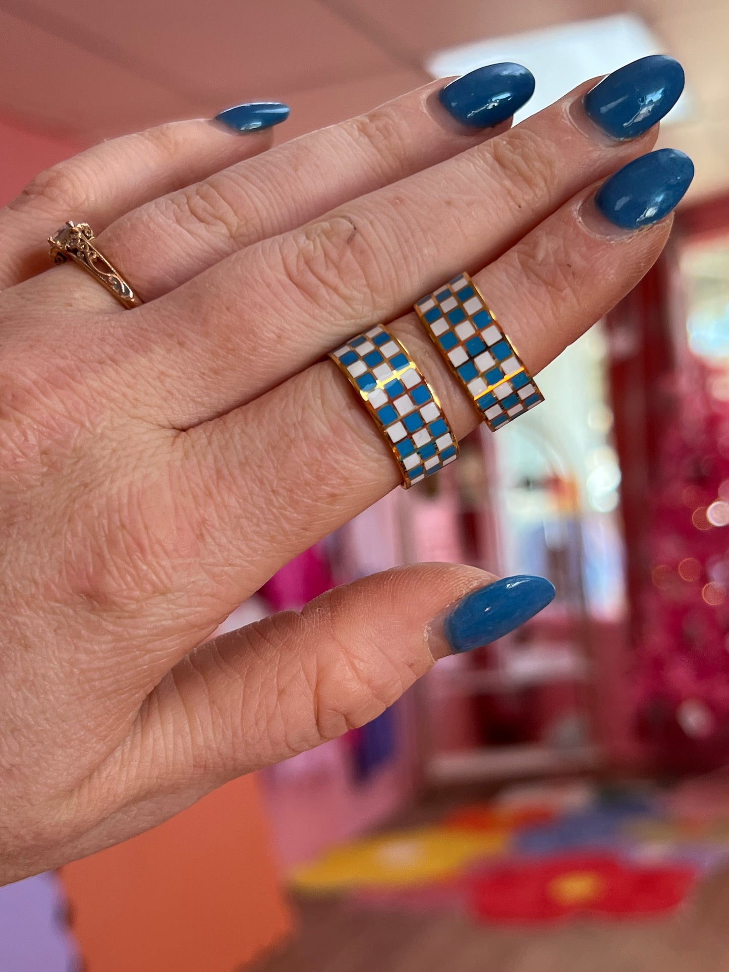 Blue & White Checkered Titanium Ring