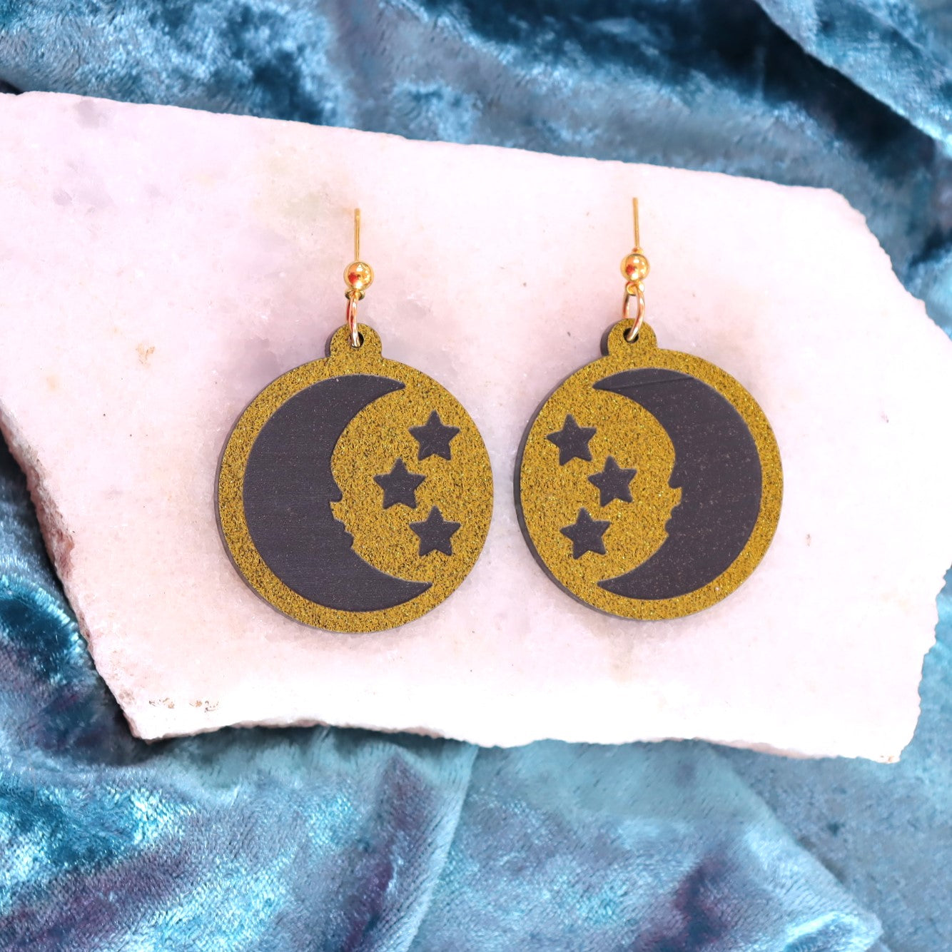 Glitter Engraved Moon and Stars Earrings