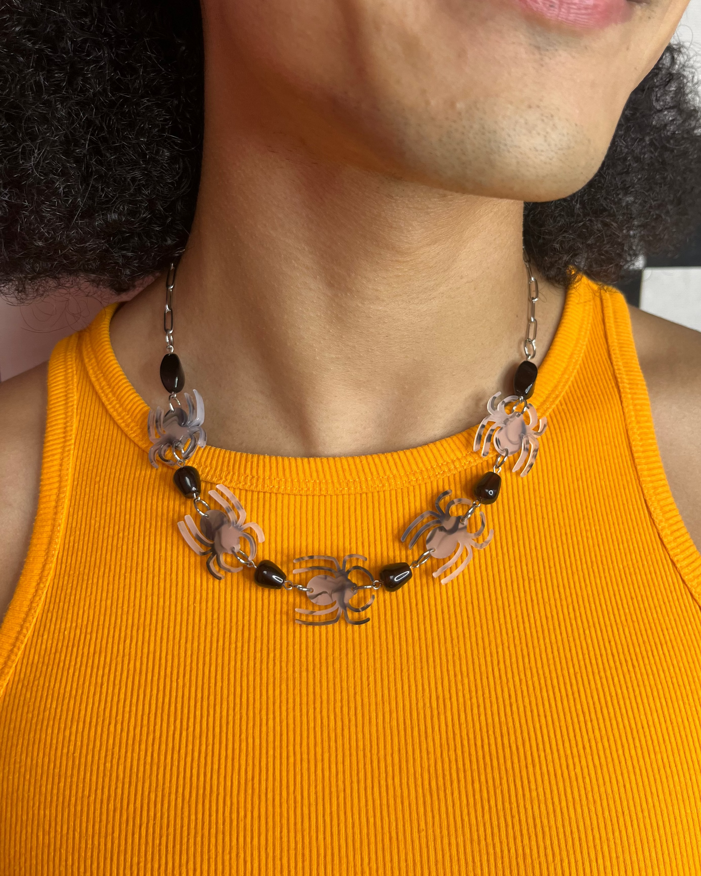 Crawling Back to You Statement Acrylic Beaded Spider Necklace