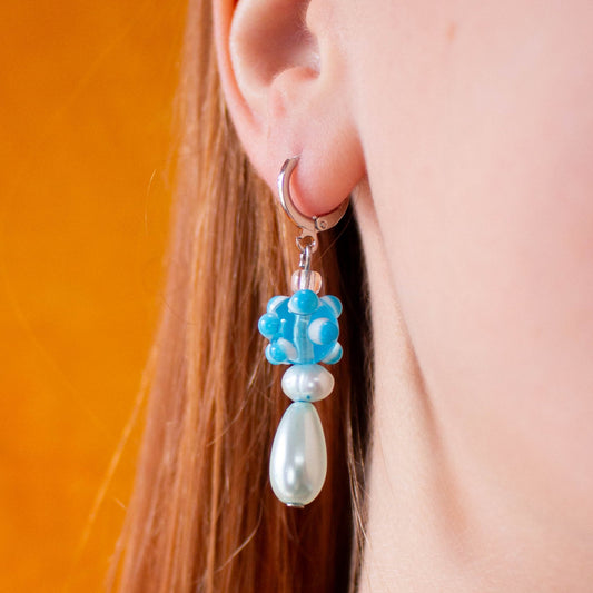 Glass Beaded Funky Chunky Blue Drop Earrings