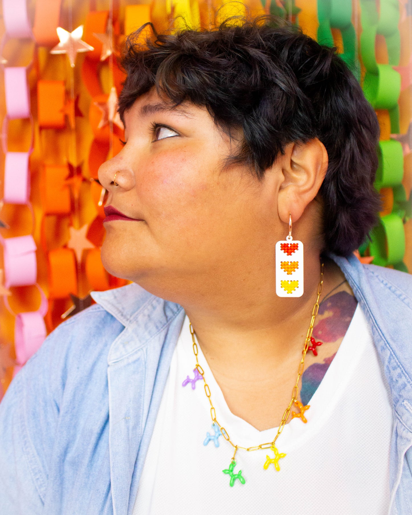 Cross Stitched Rainbow Heart Earrings