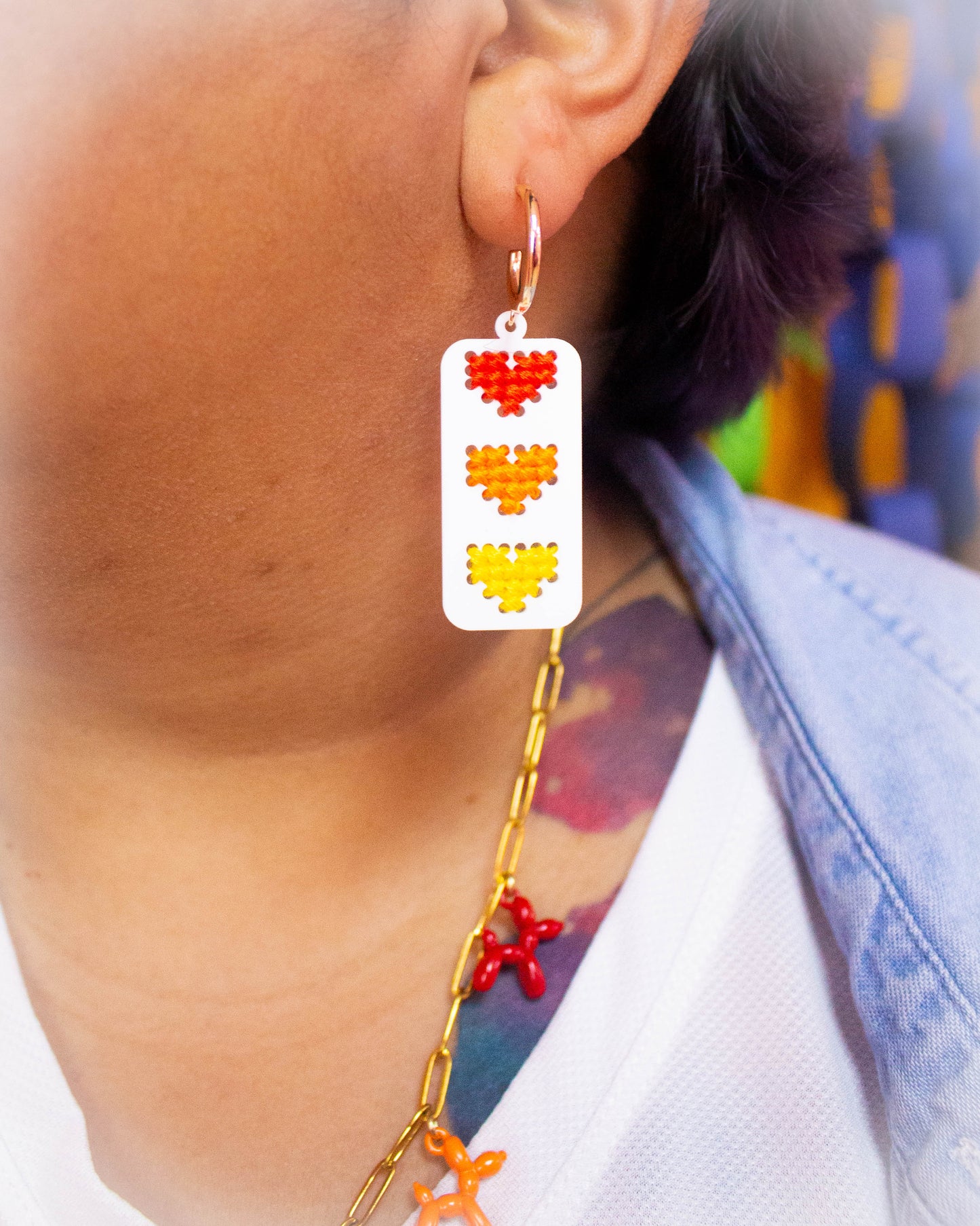 Cross Stitched Rainbow Heart Earrings