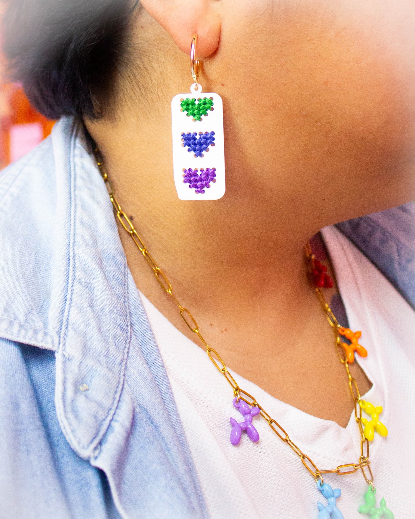 Cross Stitched Rainbow Heart Earrings