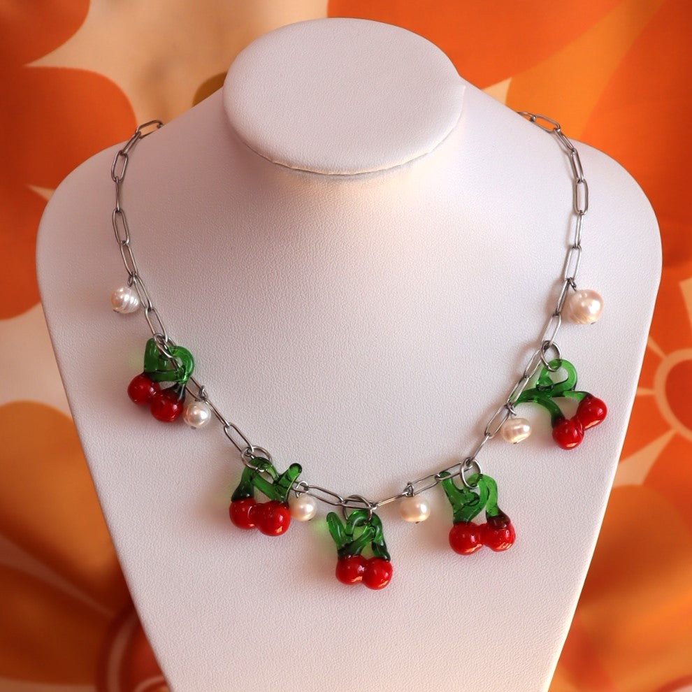 Glass Beaded Cherries Necklace