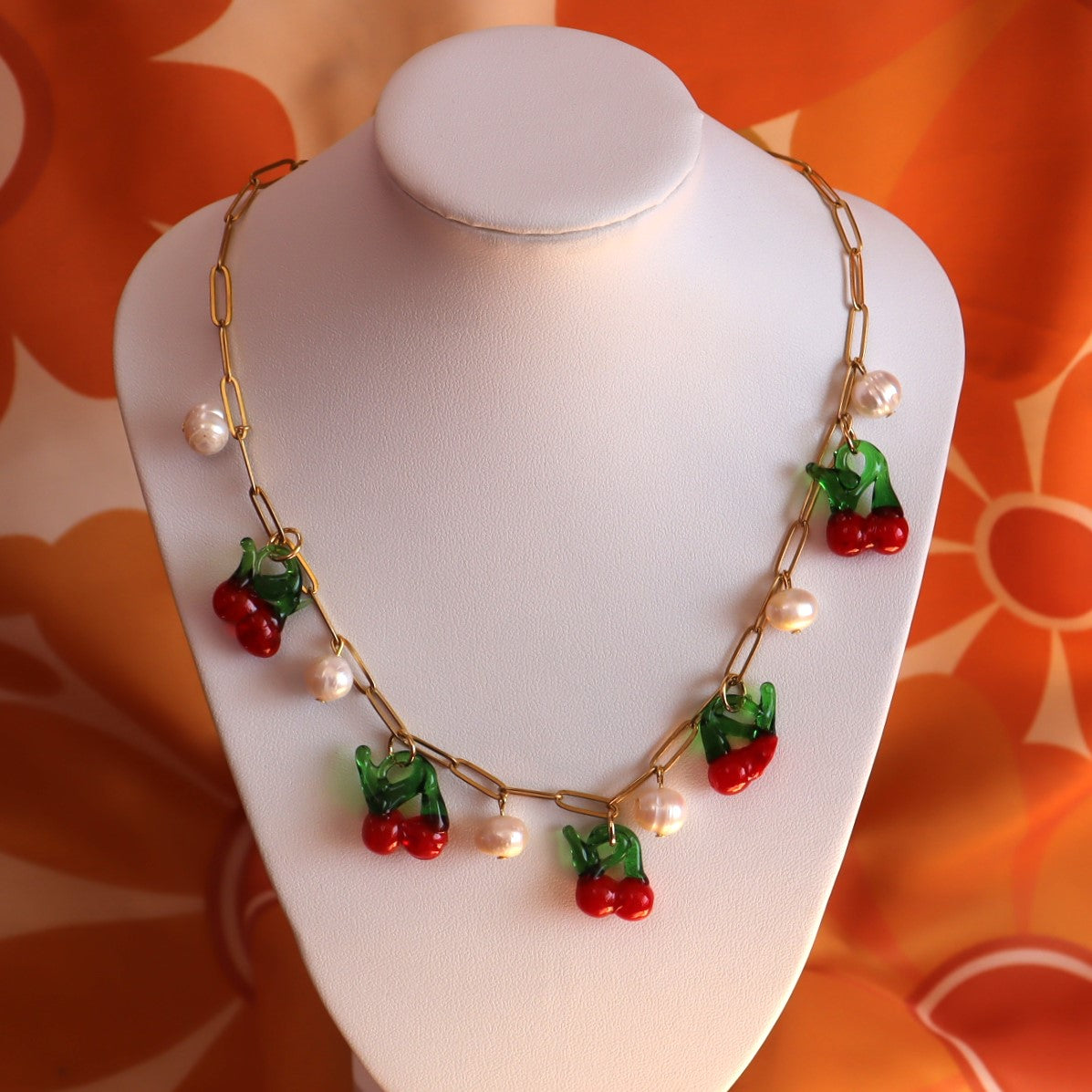 Glass Beaded Cherries Necklace