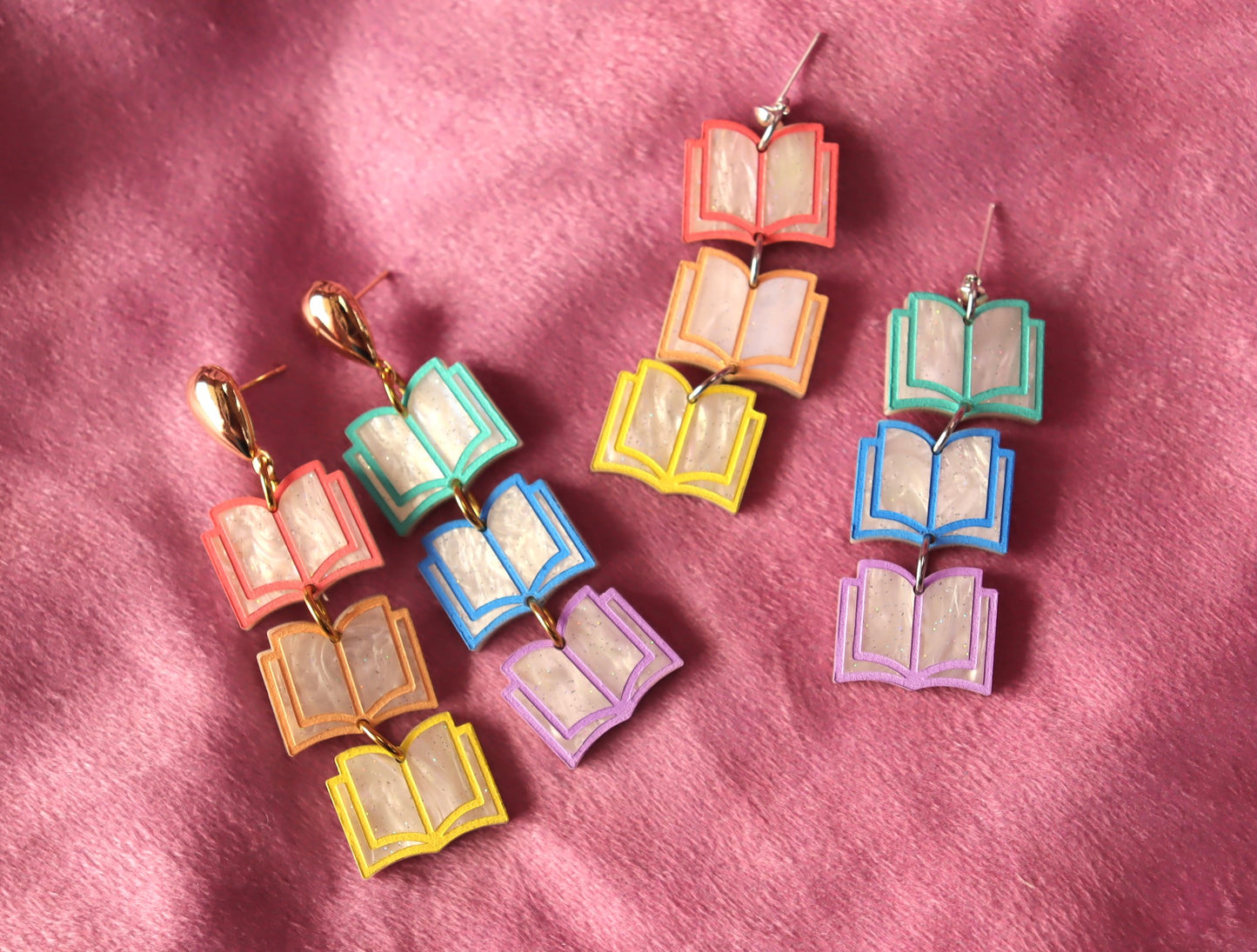 Rainbow Dangling Books Earrings