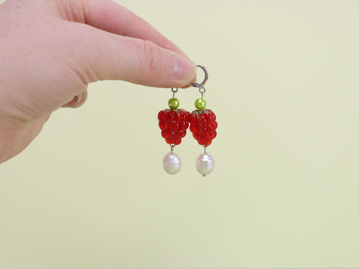 Raspberry and Pearl Beaded Earrings