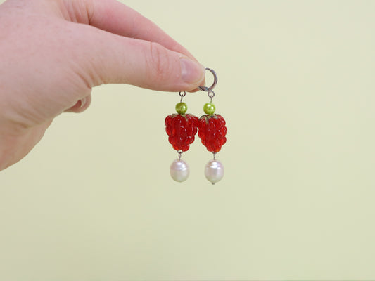 Raspberry and Pearl Beaded Earrings