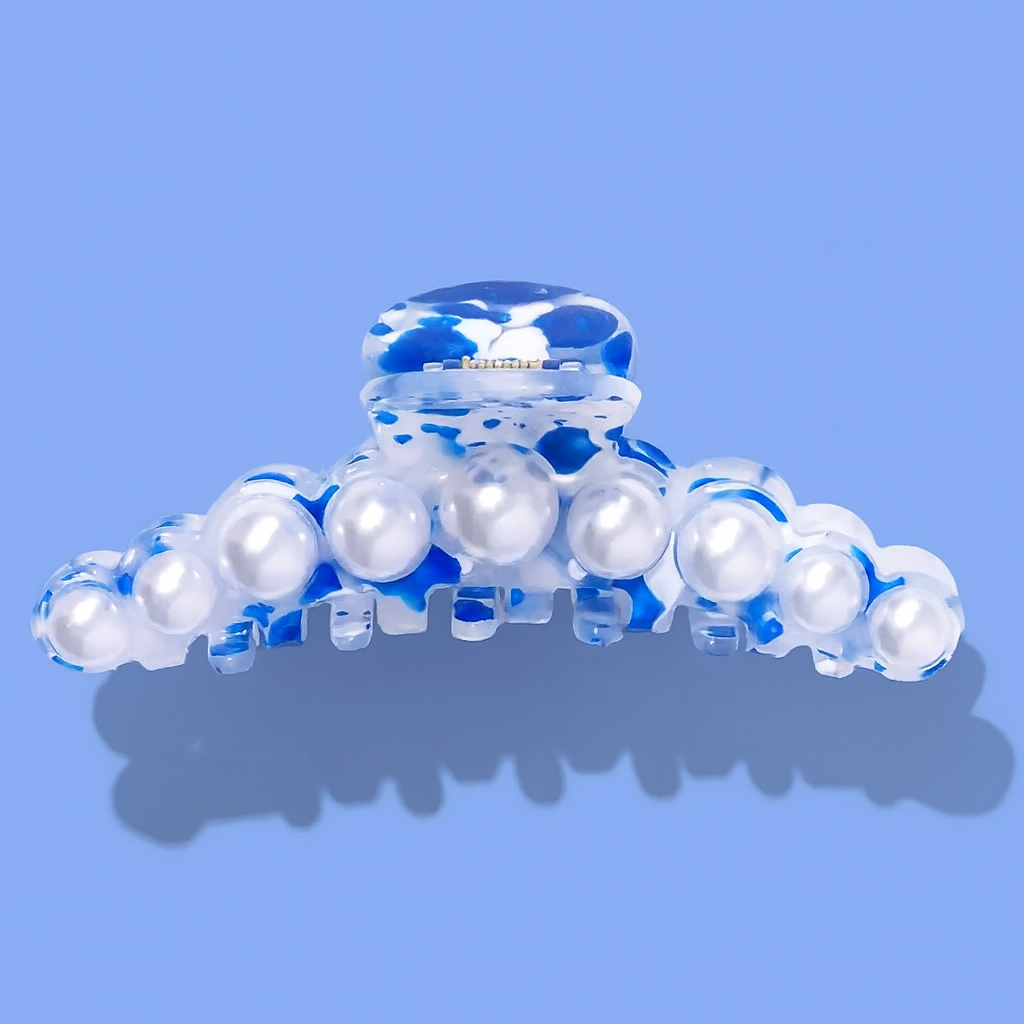 Claw Hair Clip - Large - Blue + White w/ Pearls
