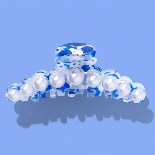Claw Hair Clip - Large - Blue + White w/ Pearls