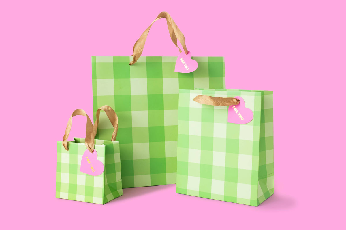 Gift Bags - Green Gingham - Assorted Sizes: Small