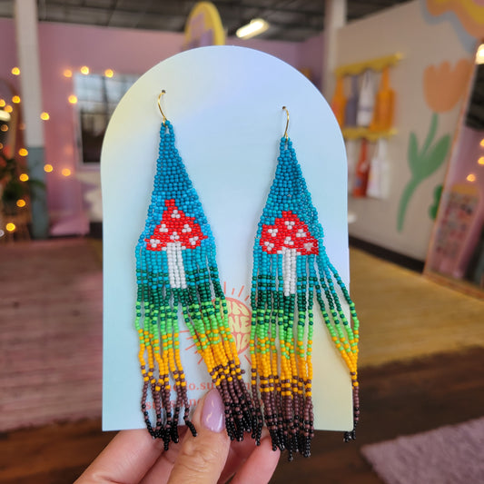 Beaded Mushroom Fringe Statement Earrings