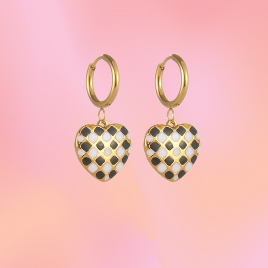 Checkered heart titanium earrings