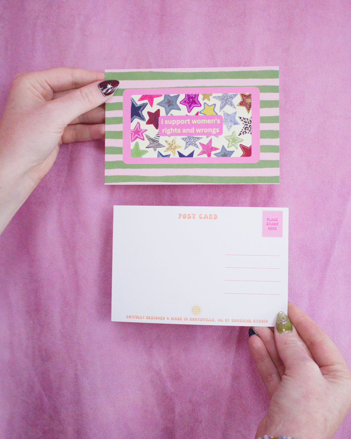 "I support women's rights and wrongs" post card