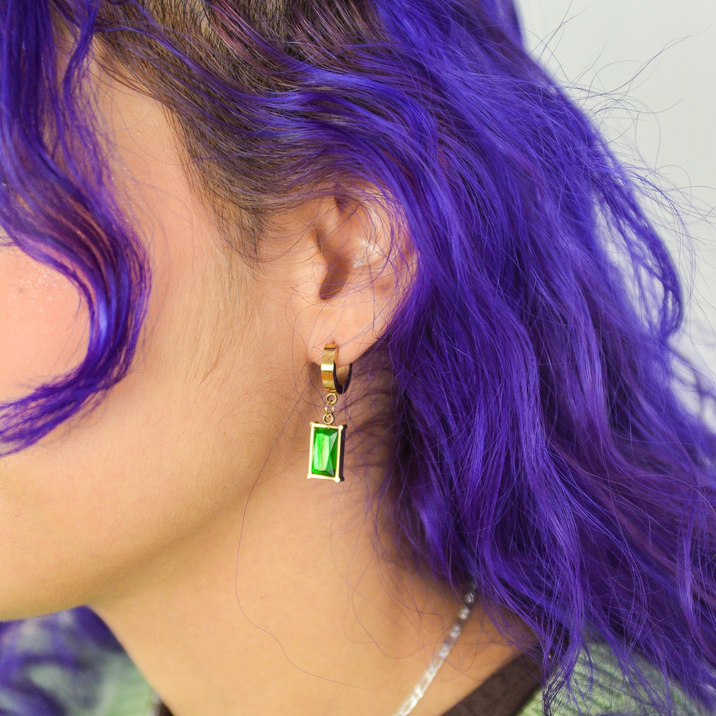 Green Gemstone Titanium Huggie Earrings
